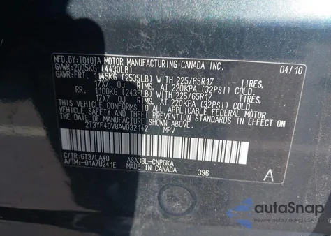 2010 Toyota Rav4 Limited z USA, uszkodzony, nr VIN 2T3YF4DV8AW032142